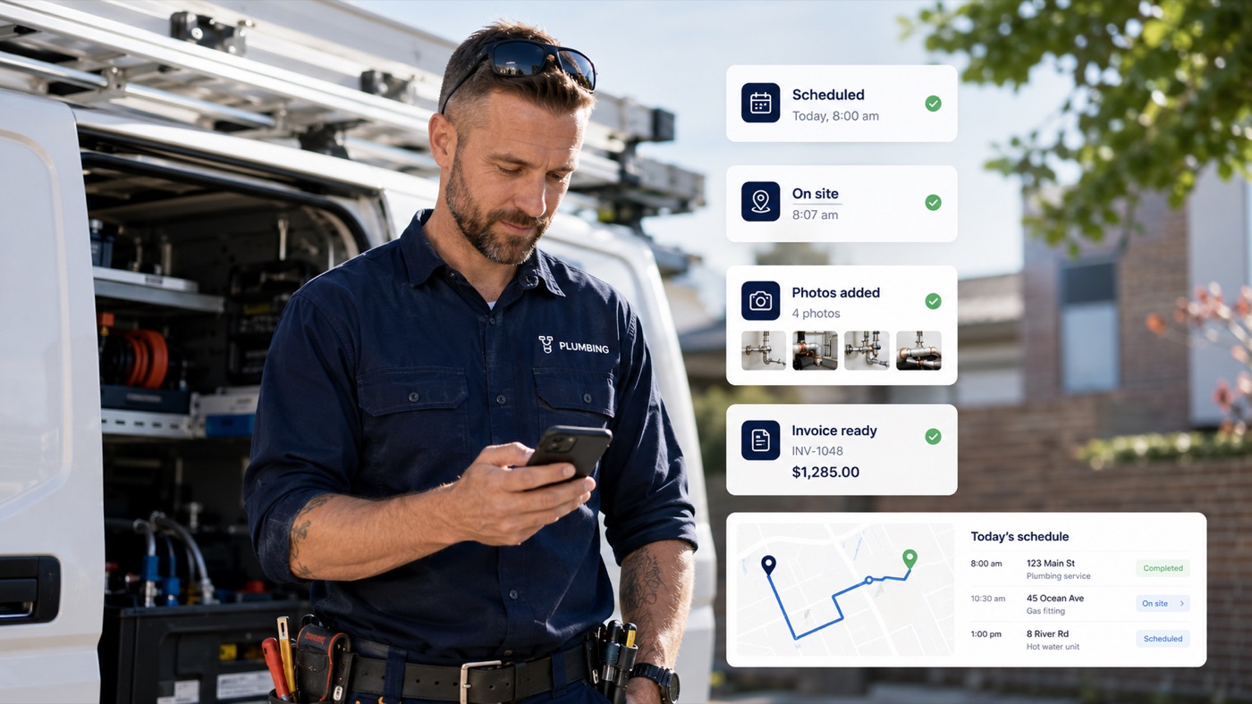 A tradesperson on site using the Crewzon app, with job status, photos and an invoice total
